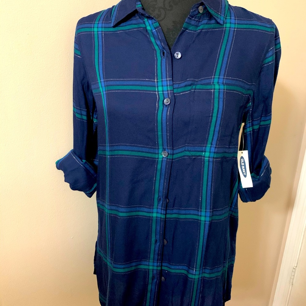 Navy blue button down tunic shirt